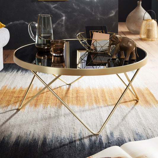 FineBuy Design Couchtisch Ø 82 cm Schwarz Gold Beistelltisch Metall / Glas, Tisch mit Glasplatte, Ablagetisch modern, Großer Wohnzimmertisch, Glastisc
