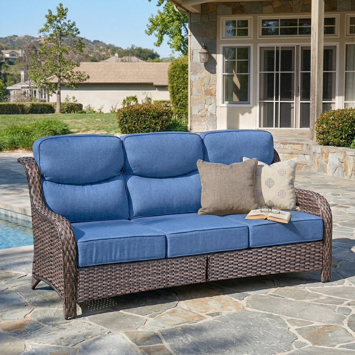 Oversized 3-Seater Wicker Sofa, High Back & 6" Cushions, NT Series - Brown Wicker / Blue Cushion