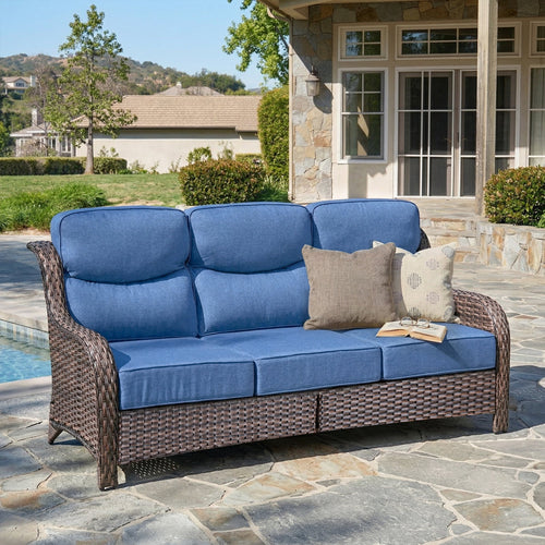 Oversized 3-Seater Wicker Sofa, High Back & 6" Cushions, NT Series - Brown Wicker / Blue Cushion