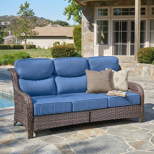 Oversized 3-Seater Wicker Sofa, High Back & 6" Cushions, NT Series - Brown Wicker / Blue Cushion