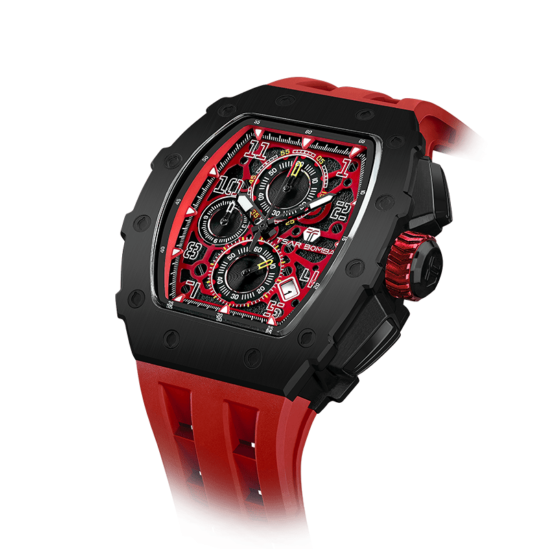 TSAR BOMBA watches – Luxuriöse Tonneau-Herrenuhr, 50 m wasserdicht, Chronograph mit Kalenderanzeige Schwarzrot