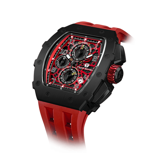 TSAR BOMBA watches – Luxuriöse Tonneau-Herrenuhr, 50 m wasserdicht, Chronograph mit Kalenderanzeige Schwarzrot