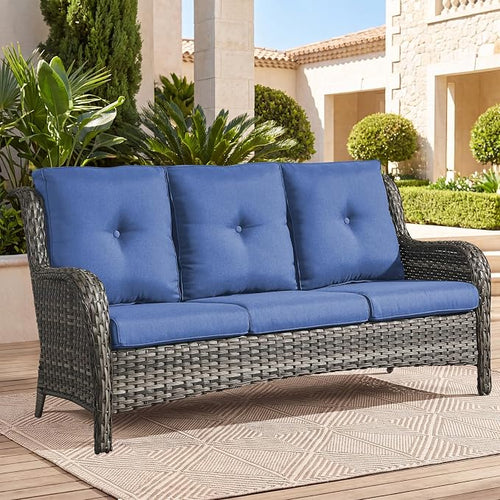 Outdoor Patio Furniture Wicker 3-Seater Sofa, NTC Series - Mixed Grey Wicker / Blue Cushion