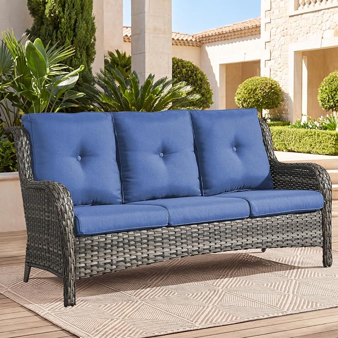 Outdoor Patio Furniture Wicker 3-Seater Sofa, NTC Series - Mixed Grey Wicker / Blue Cushion