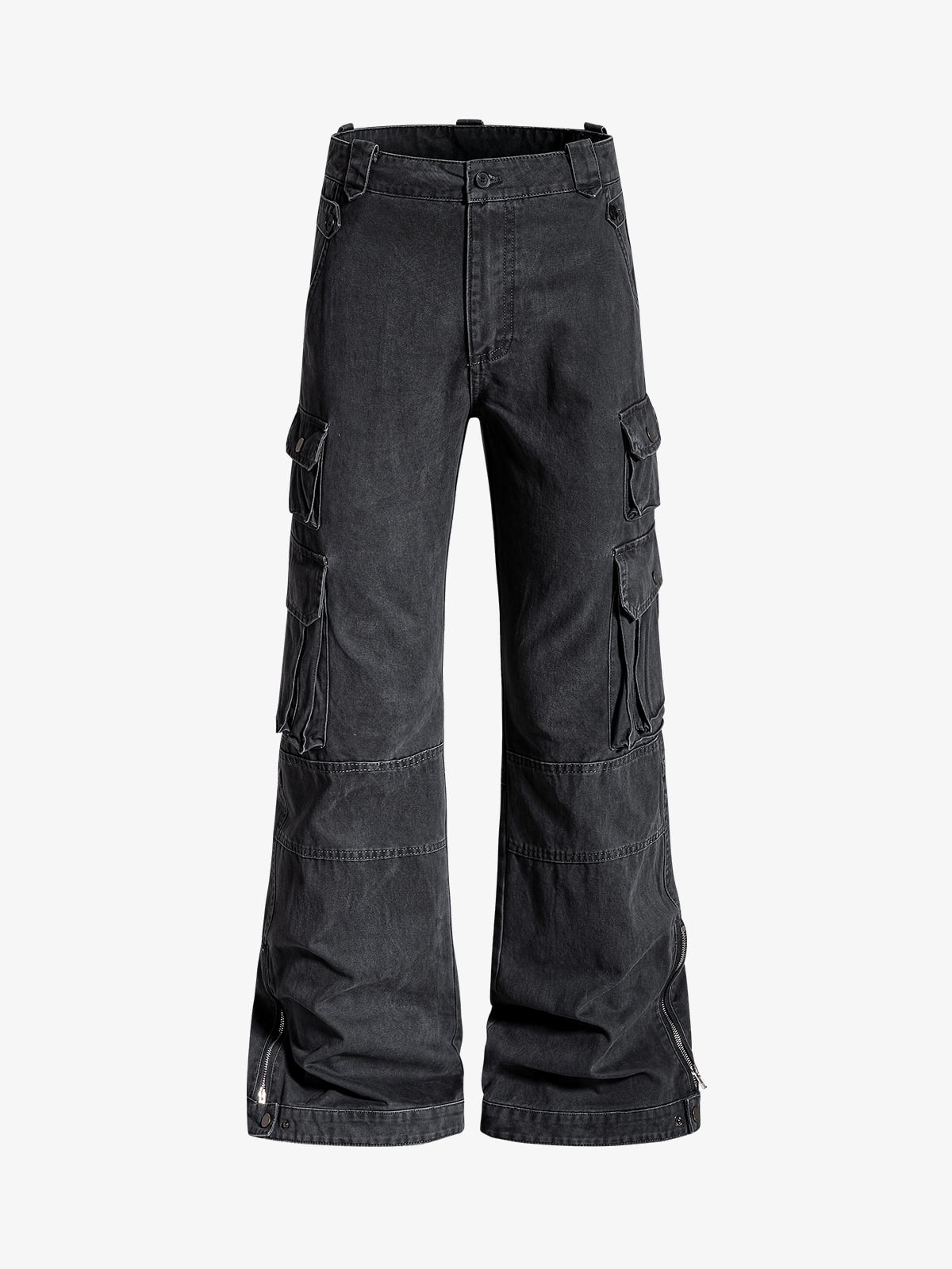 Vintage Washed Multi-Pocket Adjustable Strap Flare Cargo Pants - Gray / S