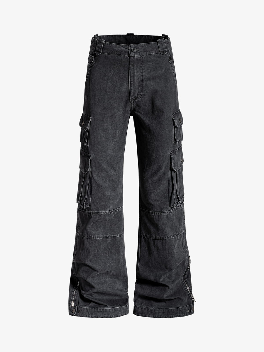 Vintage Washed Multi-Pocket Adjustable Strap Flare Cargo Pants - Gray / S
