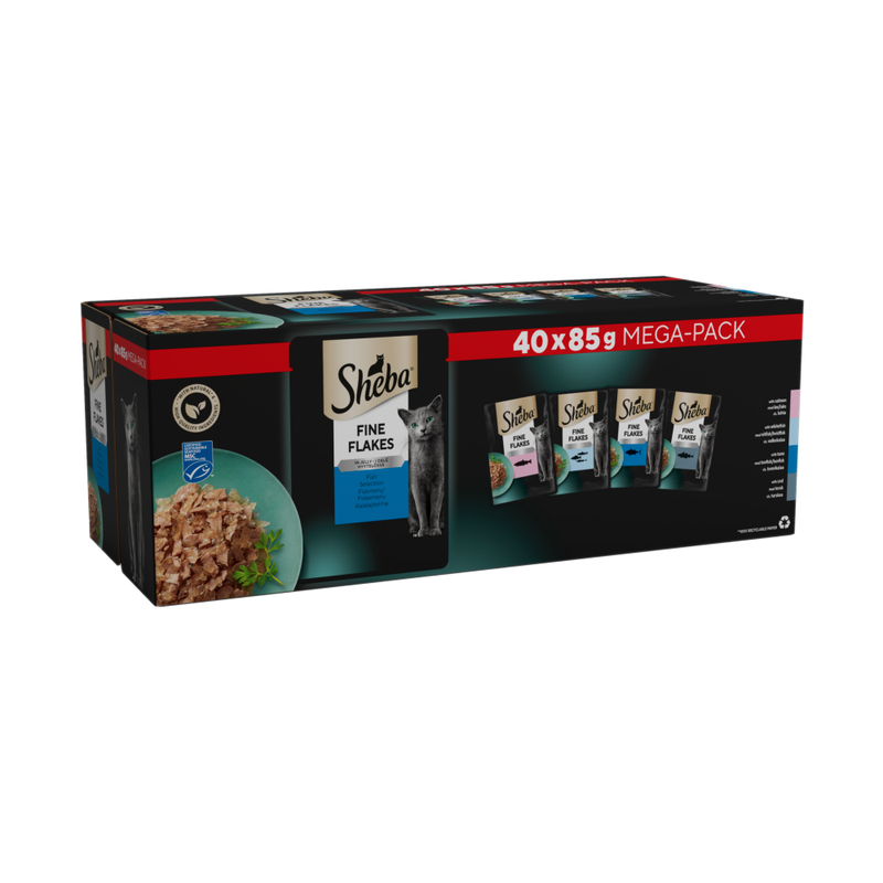 Sheba Cat Food - Fish Selection in Jelly Wet Pouch Tray, Adult Cat Food with Delicious Fine Flakes, 40 x 85g Packs