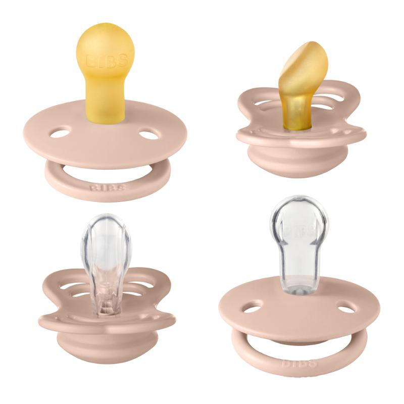 BIBS Baby Soothers Teethers Try-It Collection Size 1 0-6 Months 4 Pack Blush | Natural Rubber Pacifiers for Newborns