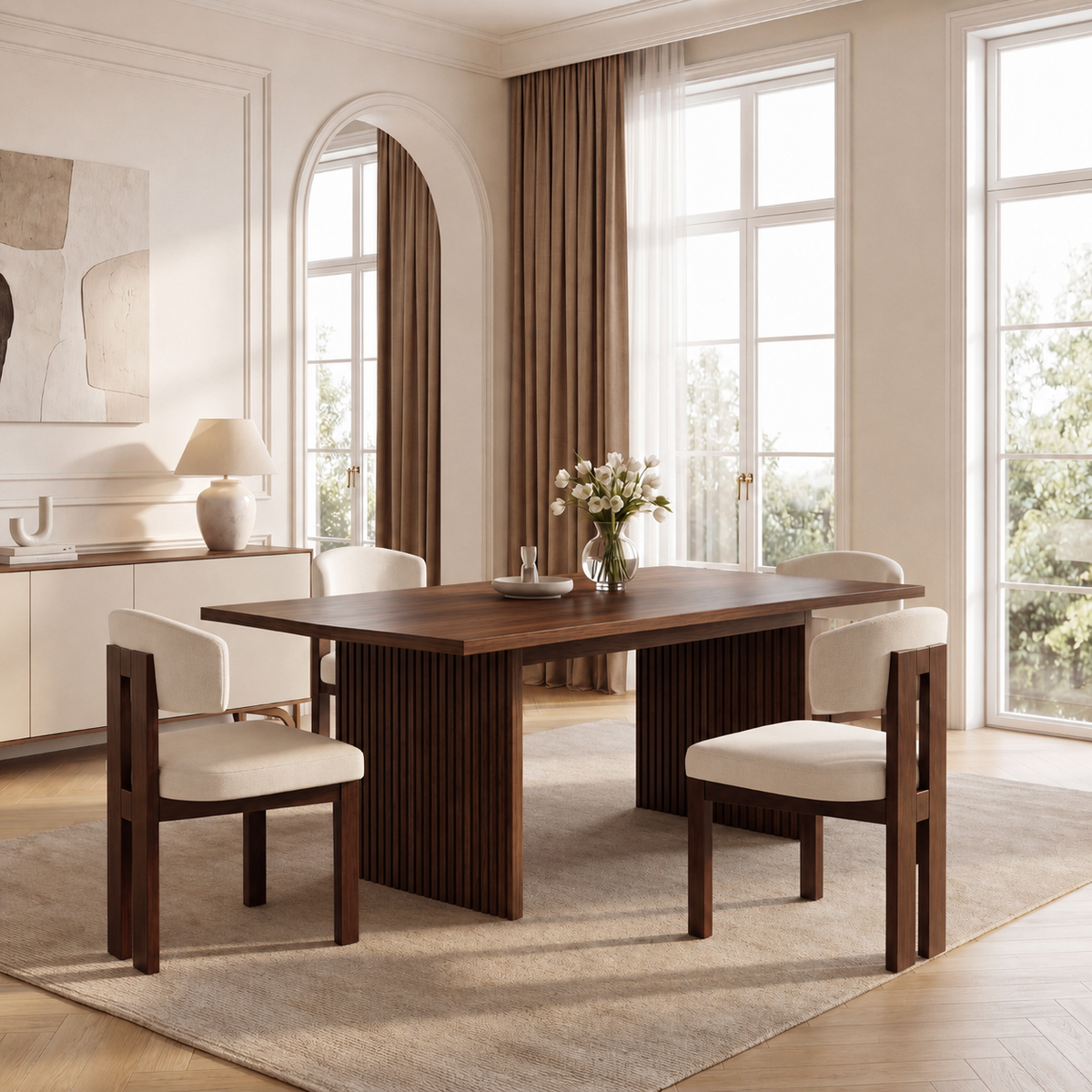 COLAMY HALO 63" Dining Table with HALO Wood Dining Chairs Set for 4-6 - Walnut / 4 Chairs（Beige）