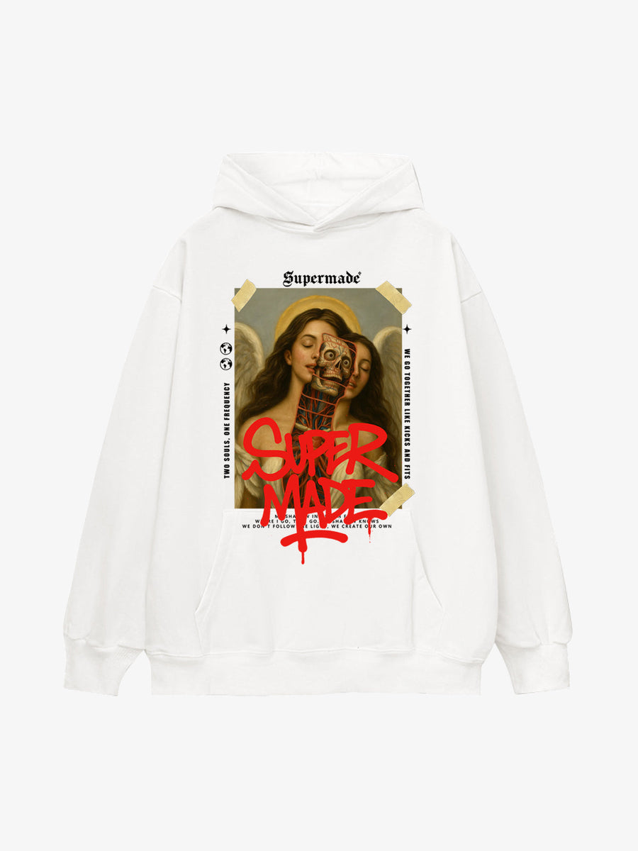 Skull And Face Two Soul Pattern Hoodie - White / M