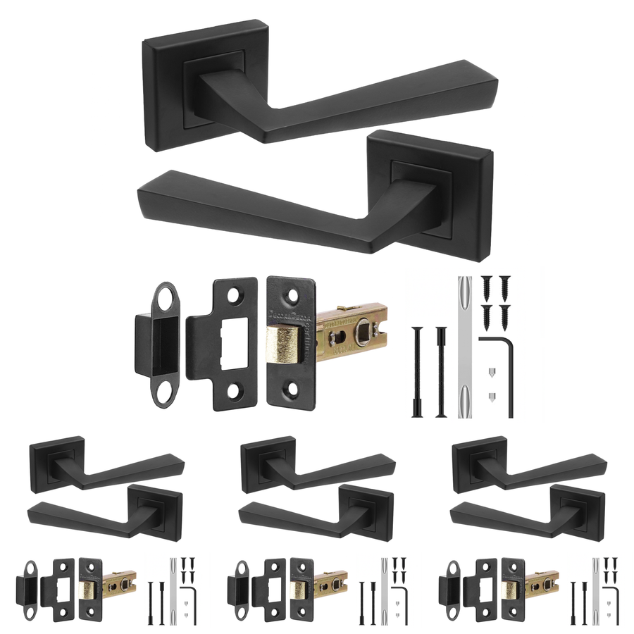 Helix Matt Black Passage Door Lever Handles - Latch Kit 76mm - Pack of 4