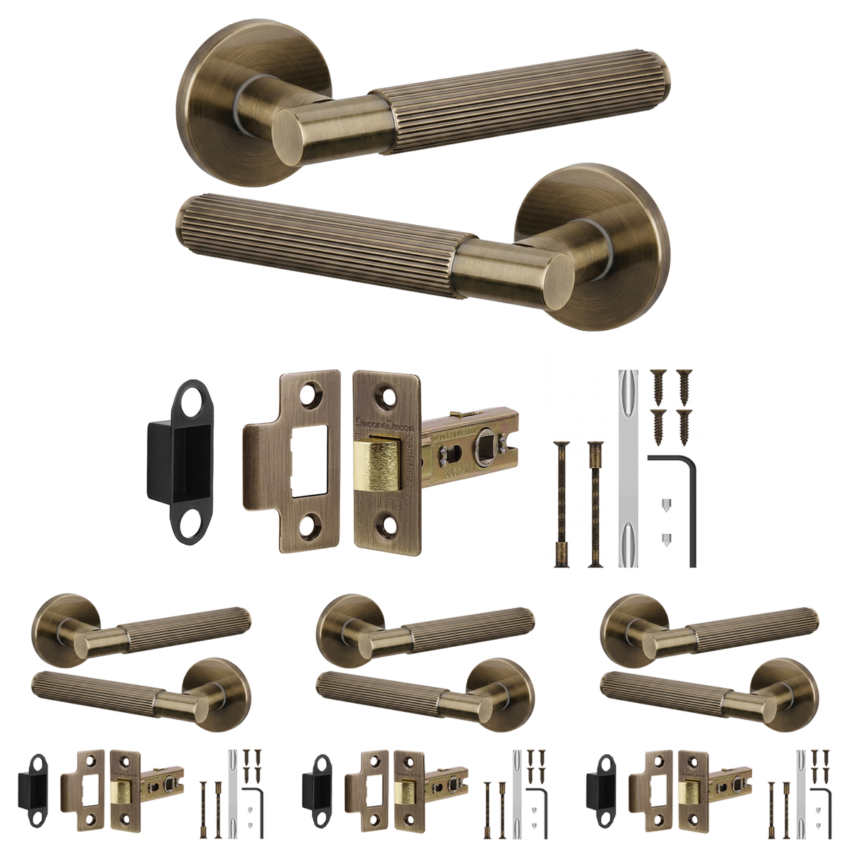 Hera Antique Brass Passage Door Lever Handles - Latch Kit 76mm - Pack of 4