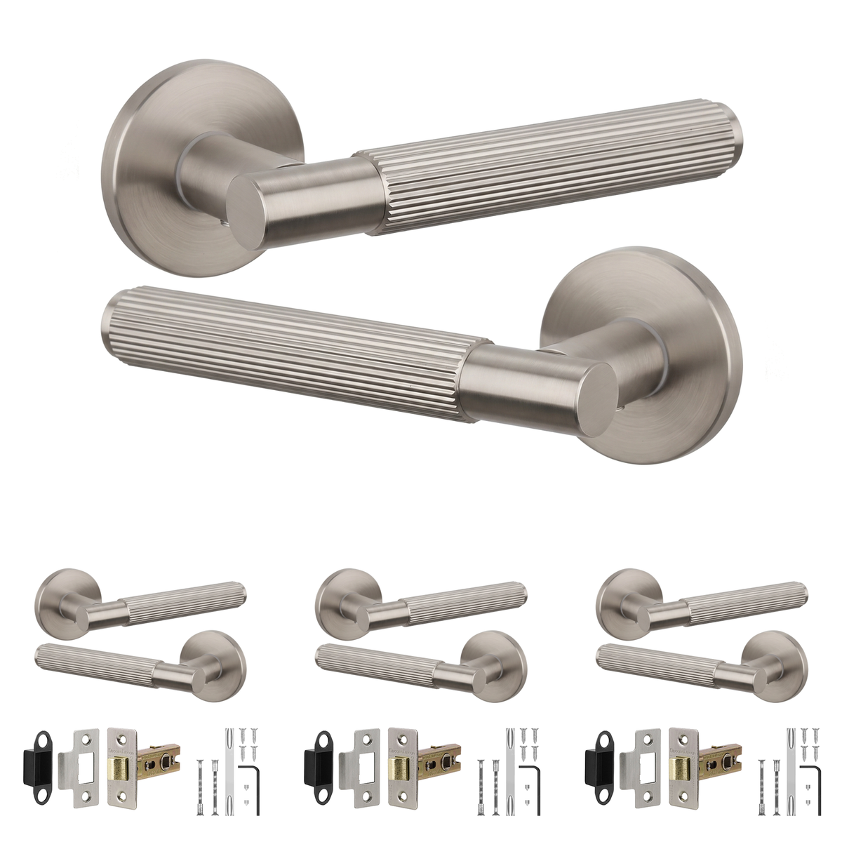 Hera Satin Nickel Passage Door Lever Handles - Latch Kit 76mm - Pack of 4