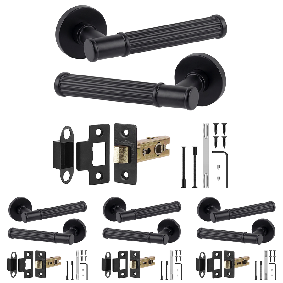 Leto Matt Black Passage Door Lever Handles - Latch Kit 76mm - Pack of 4