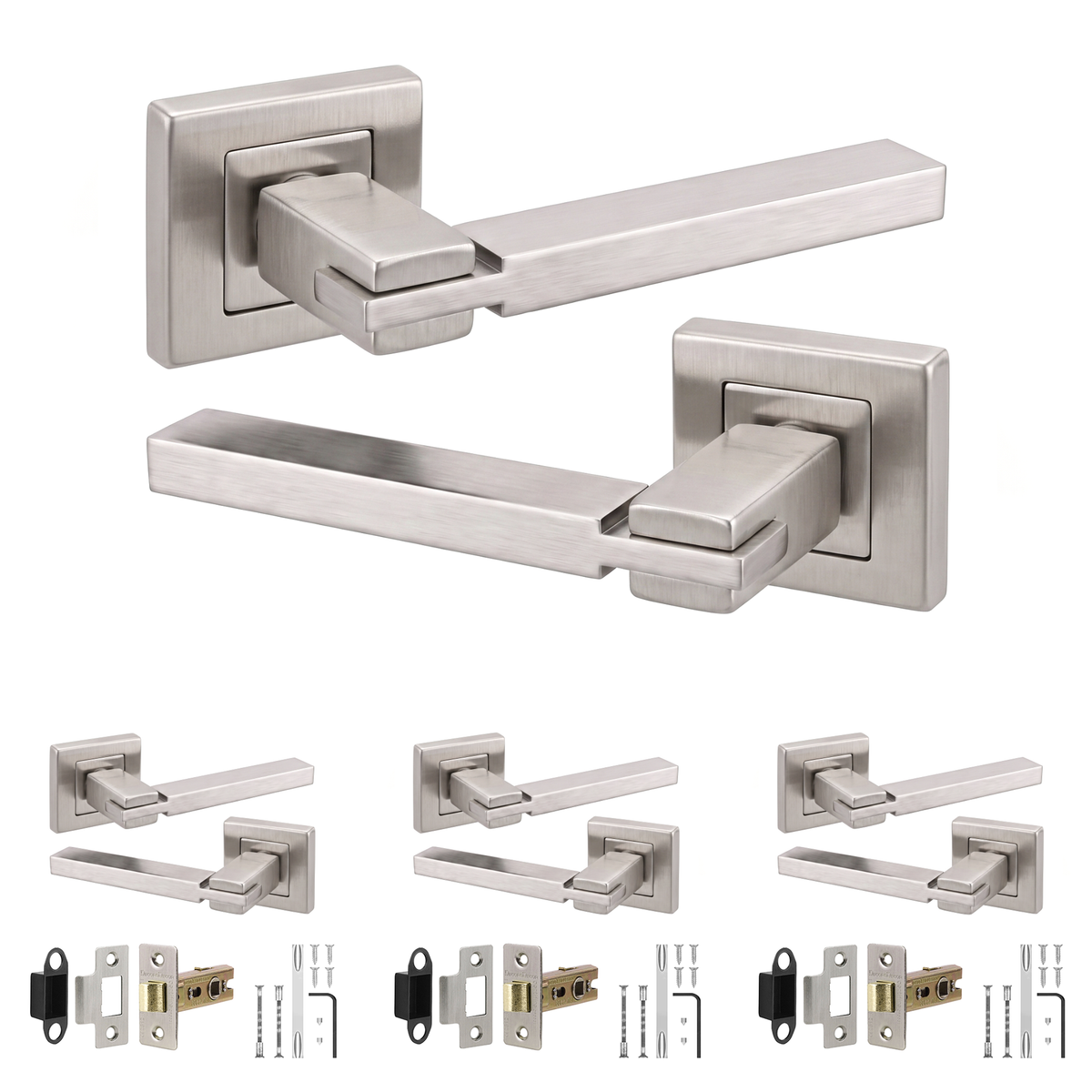 Nexus Satin Nickel Passage Door Lever Handles - Latch Kit 76mm - Pack of 4