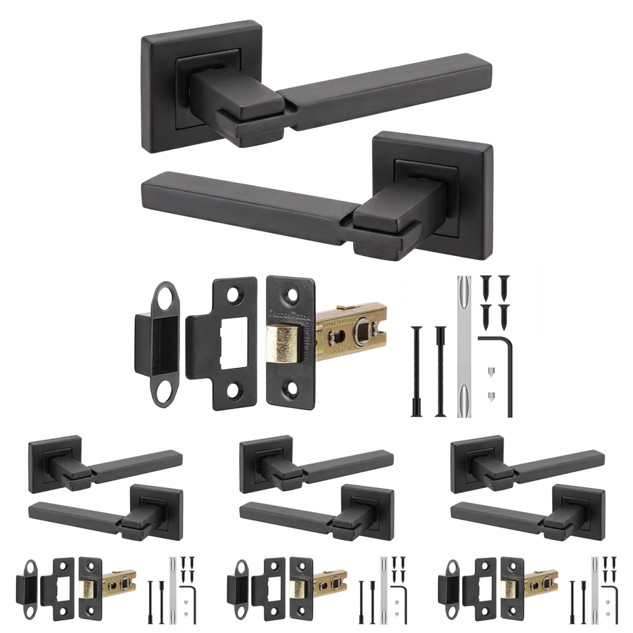 Nexus Matt Black Passage Door Lever Handles - Latch Kit 76mm - Pack of 4