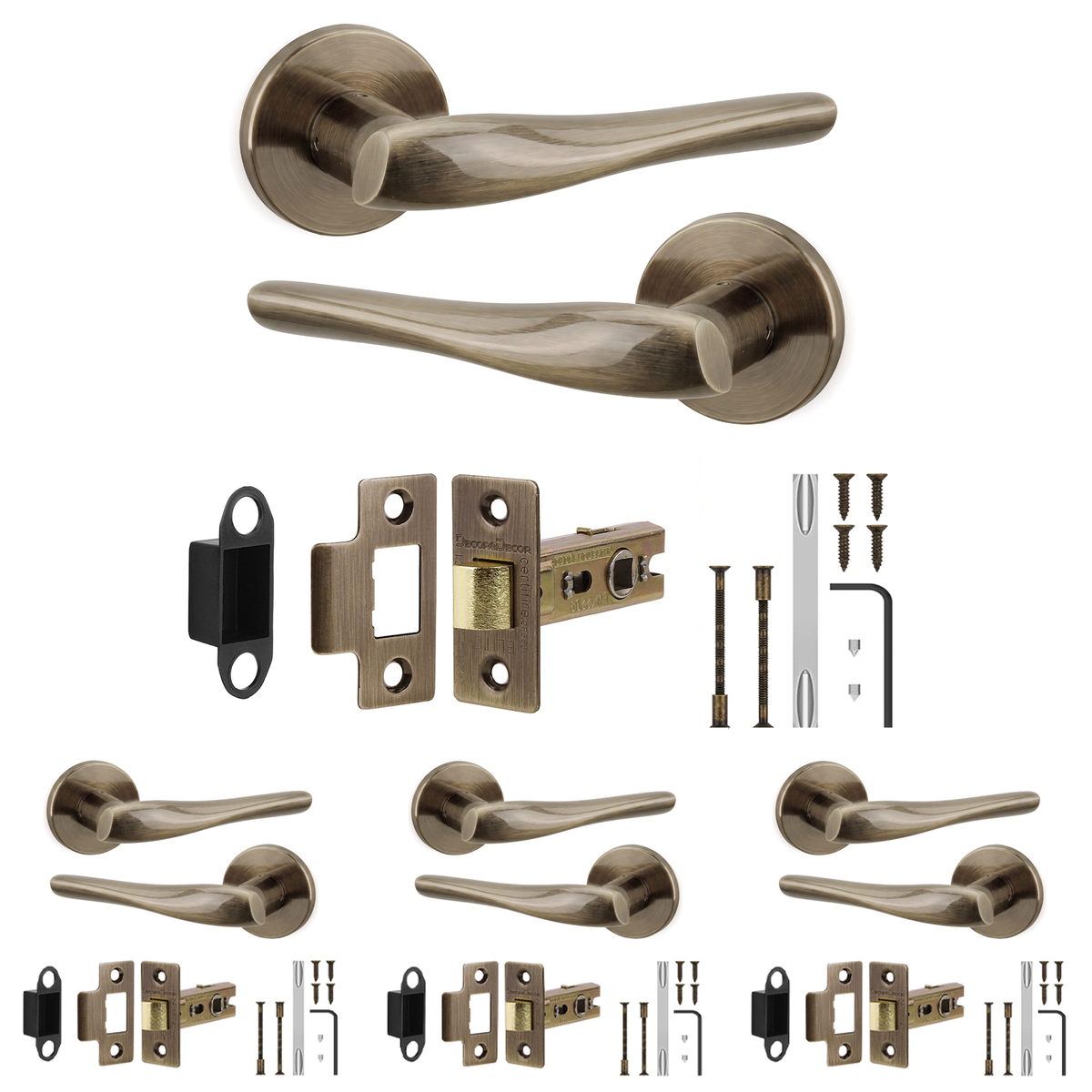 Nanda Antique Brass Passage Door Lever Handles - Latch Kit 76mm - Pack of 4