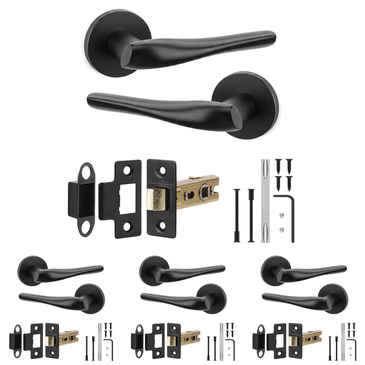 Nanda Matt Black Passage Door Lever Handles - Latch Kit 76mm - Pack of 4