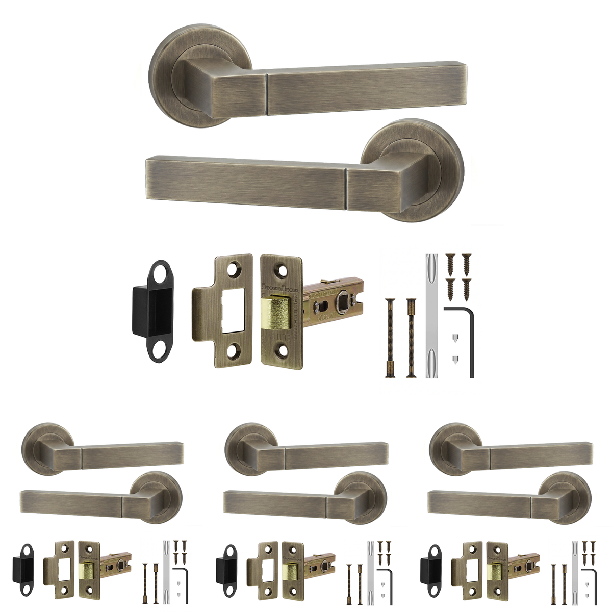Lumina Antique Brass Passage Door Lever Handles - Latch Kit 76mm - Pack of 4