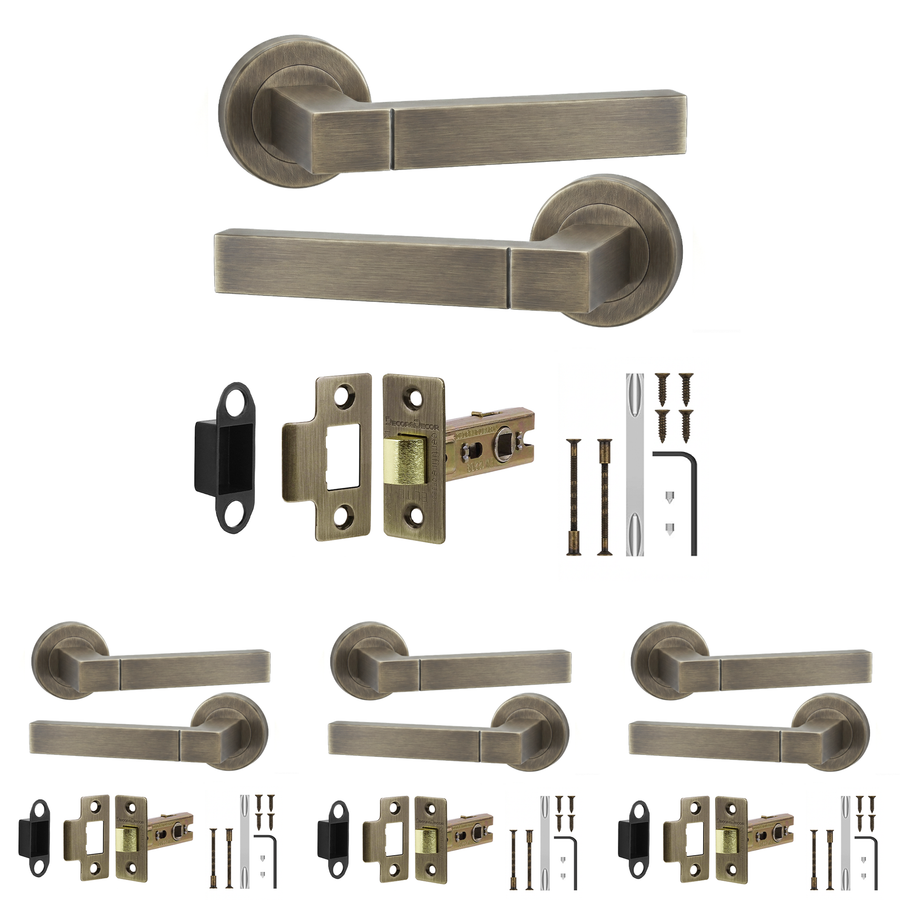 Lumina Antique Brass Passage Door Lever Handles - Latch Kit 76mm - Pack of 4