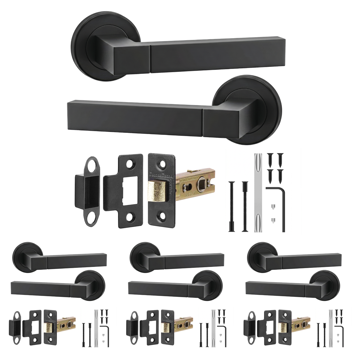Lumina Matt Black Passage Door Lever Handles - Latch Kit 64mm - Pack of 4