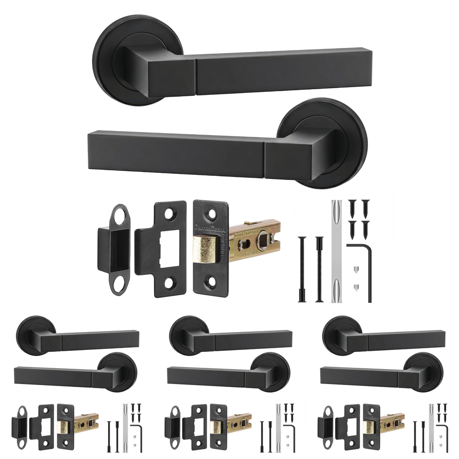 Lumina Matt Black Passage Door Lever Handles - Latch Kit 64mm - Pack of 4