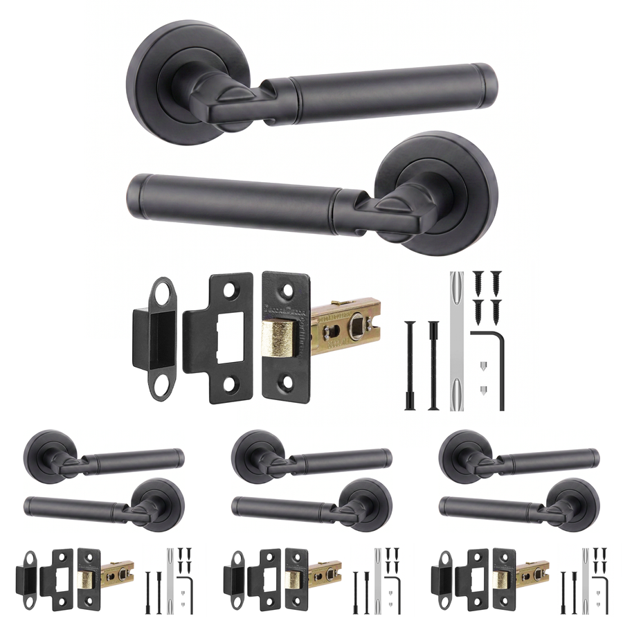 Enigma Matt Black Passage Door Lever Handles - Latch Kit 76mm - Pack of 4