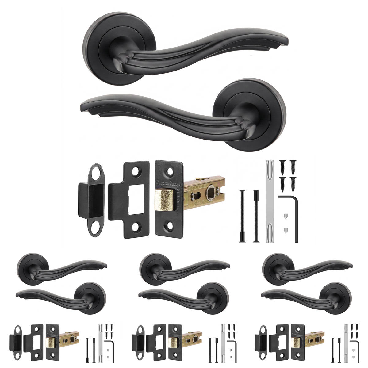 Solace Matt Black Passage Door Lever Handles - Latch Kit 76mm - Pack of 4