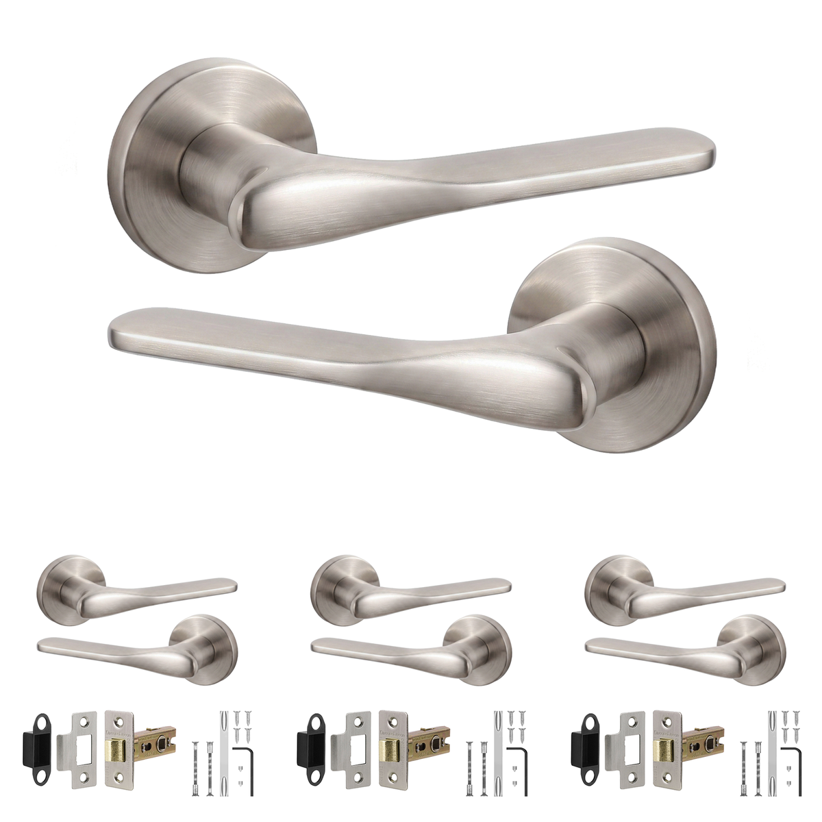Verita Satin Nickel Passage Door Lever Handles - Latch Kit 76mm - Pack of 4