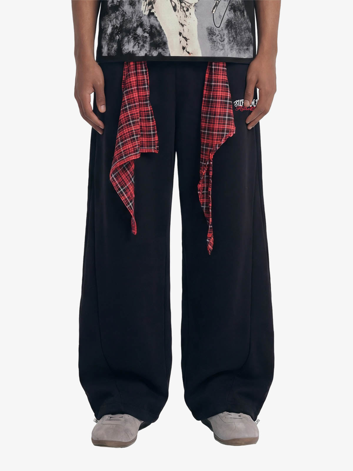 Street Detachable Plaid Waistband Machete Casual Pants - Black / S