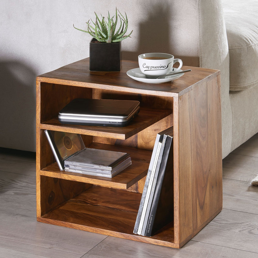 FineBuy Beistelltisch 43x43x30 cm Sheesham Massivholz Design Nachttisch, Kleiner Wohnzimmertisch mit Ablagen, Designer Holztisch massiv, Nachtkonsole 