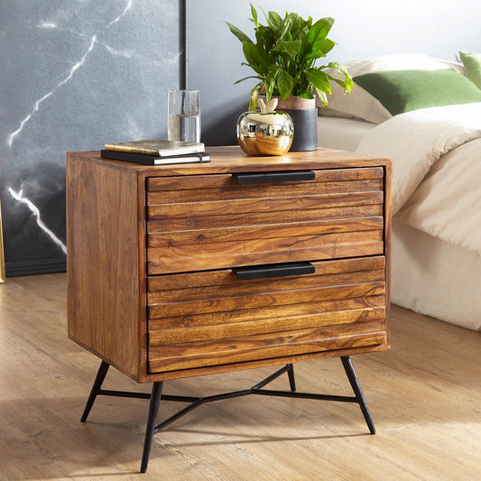 FineBuy Nachtkonsole Sheesham Massivholz mit 2 Schubladen – Nachttisch im Industrial Design mit Metallbeinen, Boxspring Nachtkästchen fürs Schlafzimme