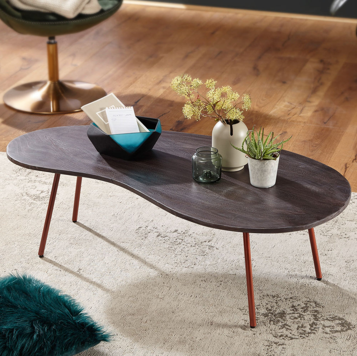FineBuy Couchtisch Akazie Grey Massivholz 122 cm · Wohnzimmertisch in Nierenform Metallbeinen · Handgefertigter Design Tisch Retro organische Form