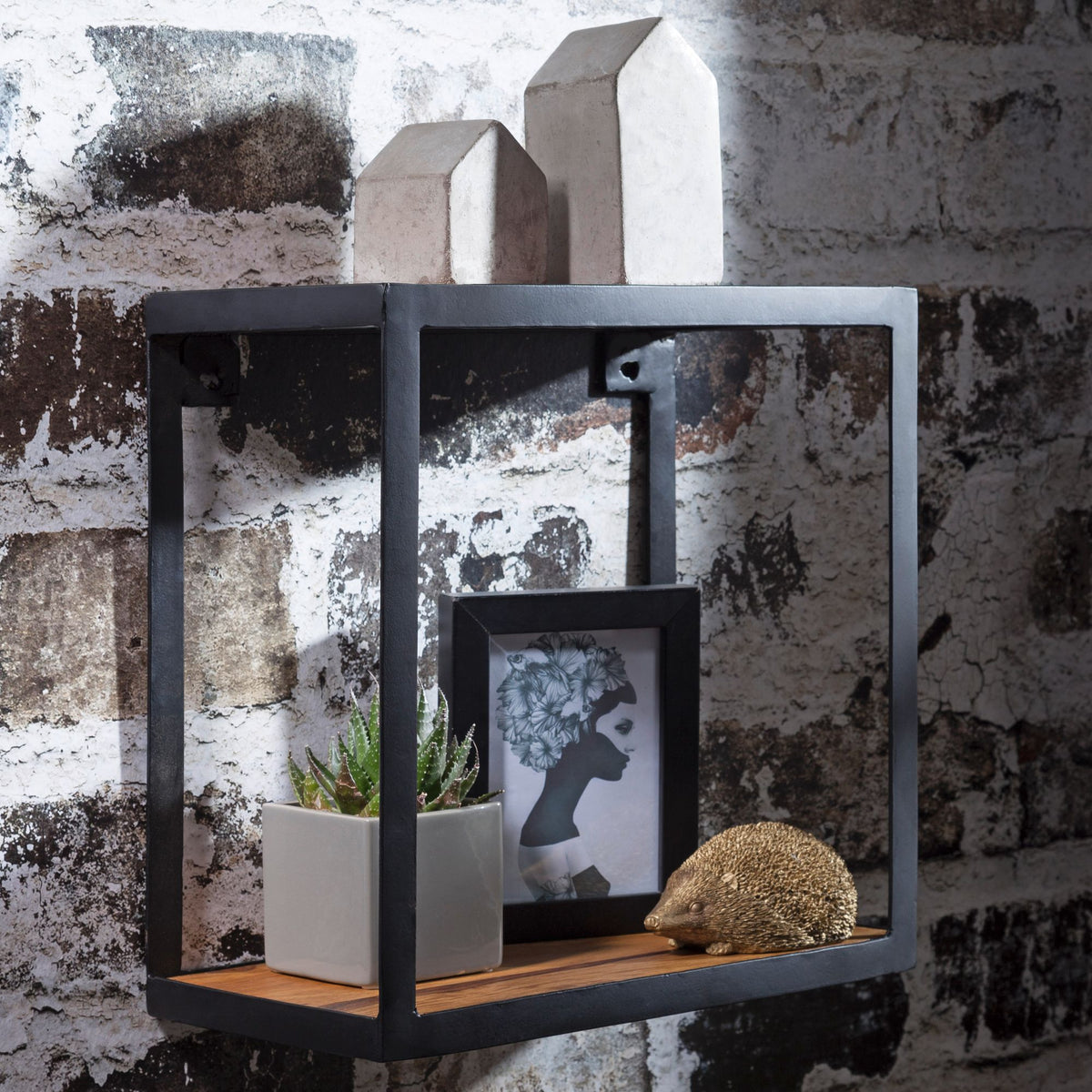 FineBuy Wandregal PURI 35x18x35 cm Sheesham Massivholz, Bücherregal hängend, Metallregal mit Echtholz Regalboden, Holzregal quadratisch, Dekoregal Hän