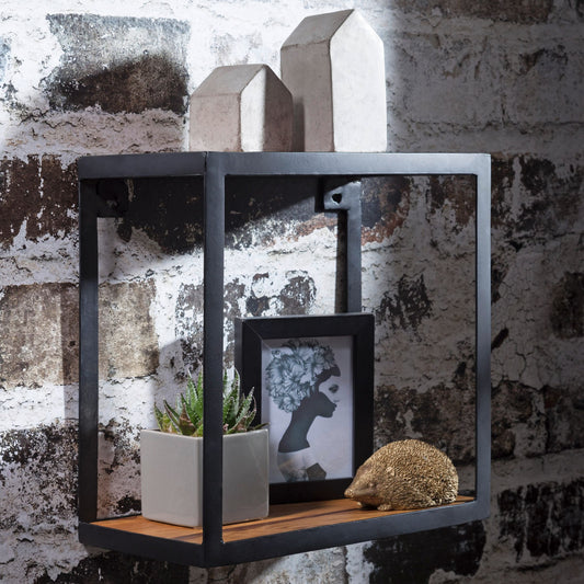 FineBuy Wandregal PURI 35x18x35 cm Sheesham Massivholz, Bücherregal hängend, Metallregal mit Echtholz Regalboden, Holzregal quadratisch, Dekoregal Hän
