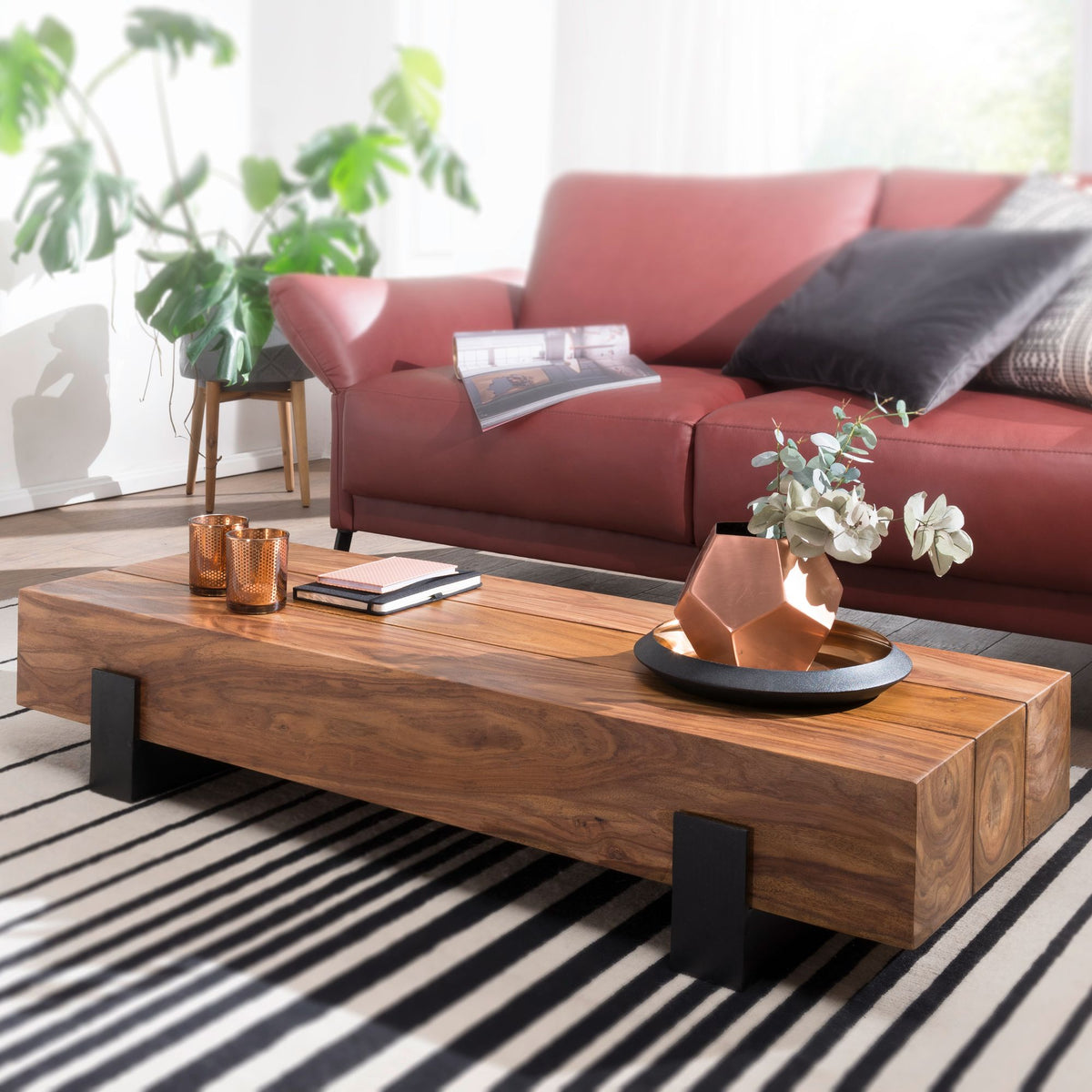 FineBuy Couchtisch Sheesham Massivholz rechteckig 115cm – Wohnzimmertisch im modernen Industrial Block Design mit Metallfüßen | Handgefertigter Holzti