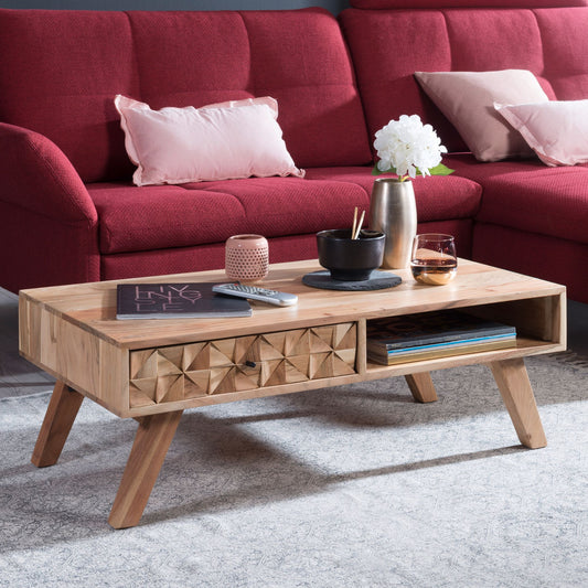FineBuy Couchtisch Akazie Massivholz 95cm · Wohnzimmertisch mit Schublade & Ablagefach · Handgefertigter Sofatisch mit 3D-Front im modernen Retro Desi