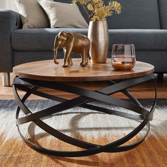 FineBuy Couchtisch MANUR rund aus Sheesham Massivholz Ø 60 cm – Wohnzimmertisch im Industrial Design mit schwarzem Metallgestell – Handgefertigter Hol