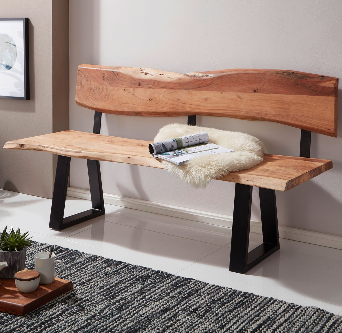 FineBuy Esszimmerbank TREE 180x85,5x60 cm Akazie Massivholz Bank mit Baumkante, Sitzbank Holzbank mit Lehne, Küchenbank Essbank Holz Landhausstil, Bau