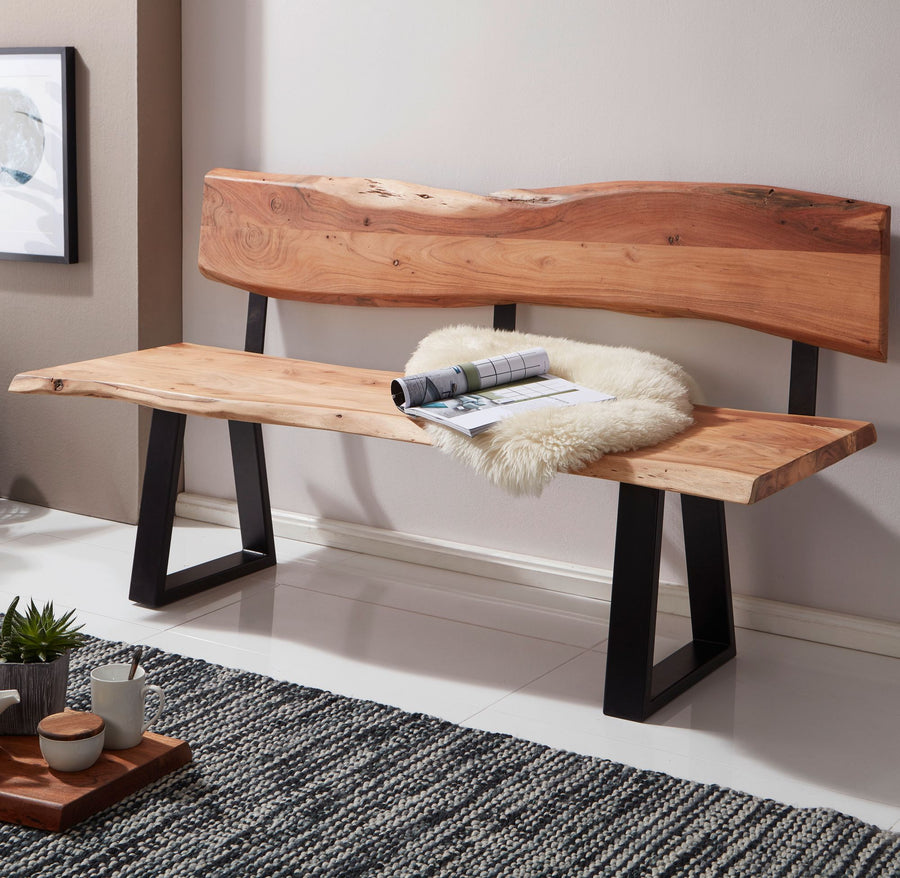 FineBuy Esszimmerbank TREE 180x85,5x60 cm Akazie Massivholz Bank mit Baumkante, Sitzbank Holzbank mit Lehne, Küchenbank Essbank Holz Landhausstil, Bau