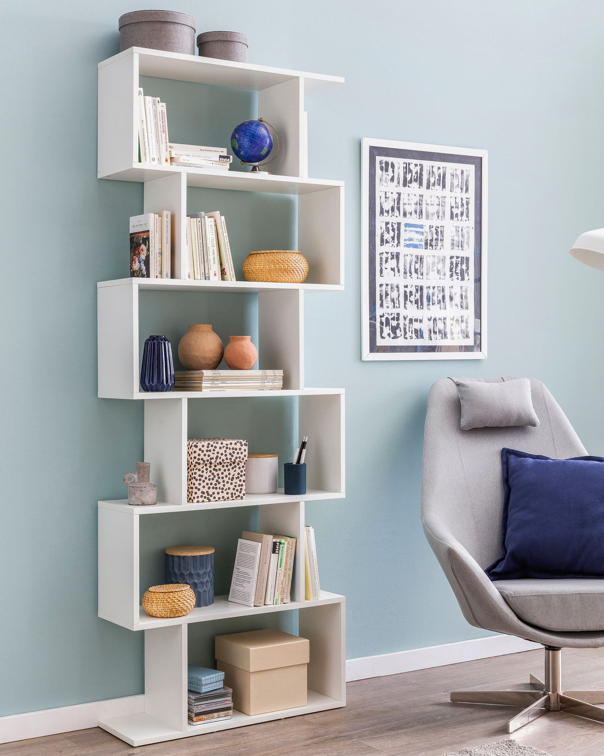 FineBuy Bücherregal FB51366 70 x 23,5 x 190,5 cm weiß, Standregal 6 Fächer, Kleine Design Kommode, Modernes Aktenregal Spanplatte freistehend, Aufbewa