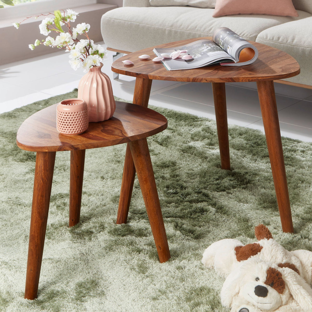 FineBuy Design Satztisch FB51391 Sheesham Massivholz Beistelltisch 2er Set Klein, Couchtisch Set 2 Holz Tische, Massivholz Wohnzimmertisch, Schmaler S