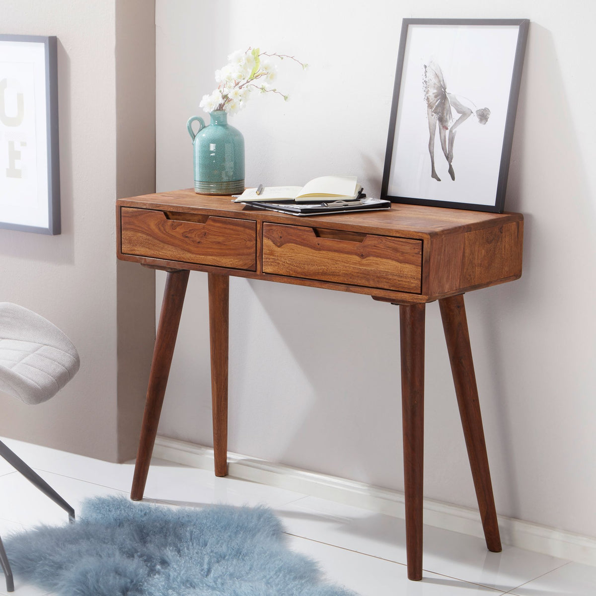 FineBuy Konsolentisch FB51402 90 x 76 x 36 cm Sheesham Massivholz mit Schubladen, Design Holz Anrichte Konsole massiv, Kleiner Landhaus Schreibtisch F