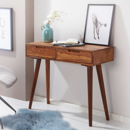 FineBuy Konsolentisch FB51402 90 x 76 x 36 cm Sheesham Massivholz mit Schubladen, Design Holz Anrichte Konsole massiv, Kleiner Landhaus Schreibtisch F