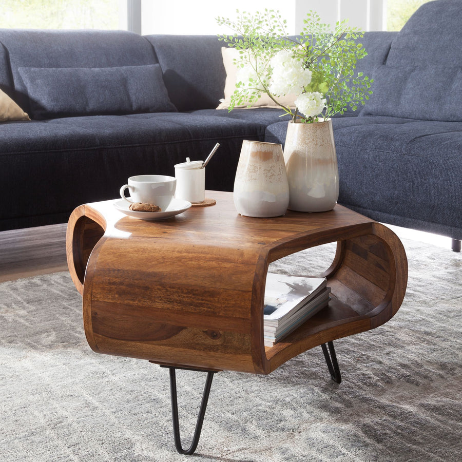 FineBuy Couchtisch Sheesham Massivholz 55x55x38 cm – Wohnzimmertisch mit Ablagefach und Metallbeinen | Design Tisch in Handarbeit | Retro Stil aus ech