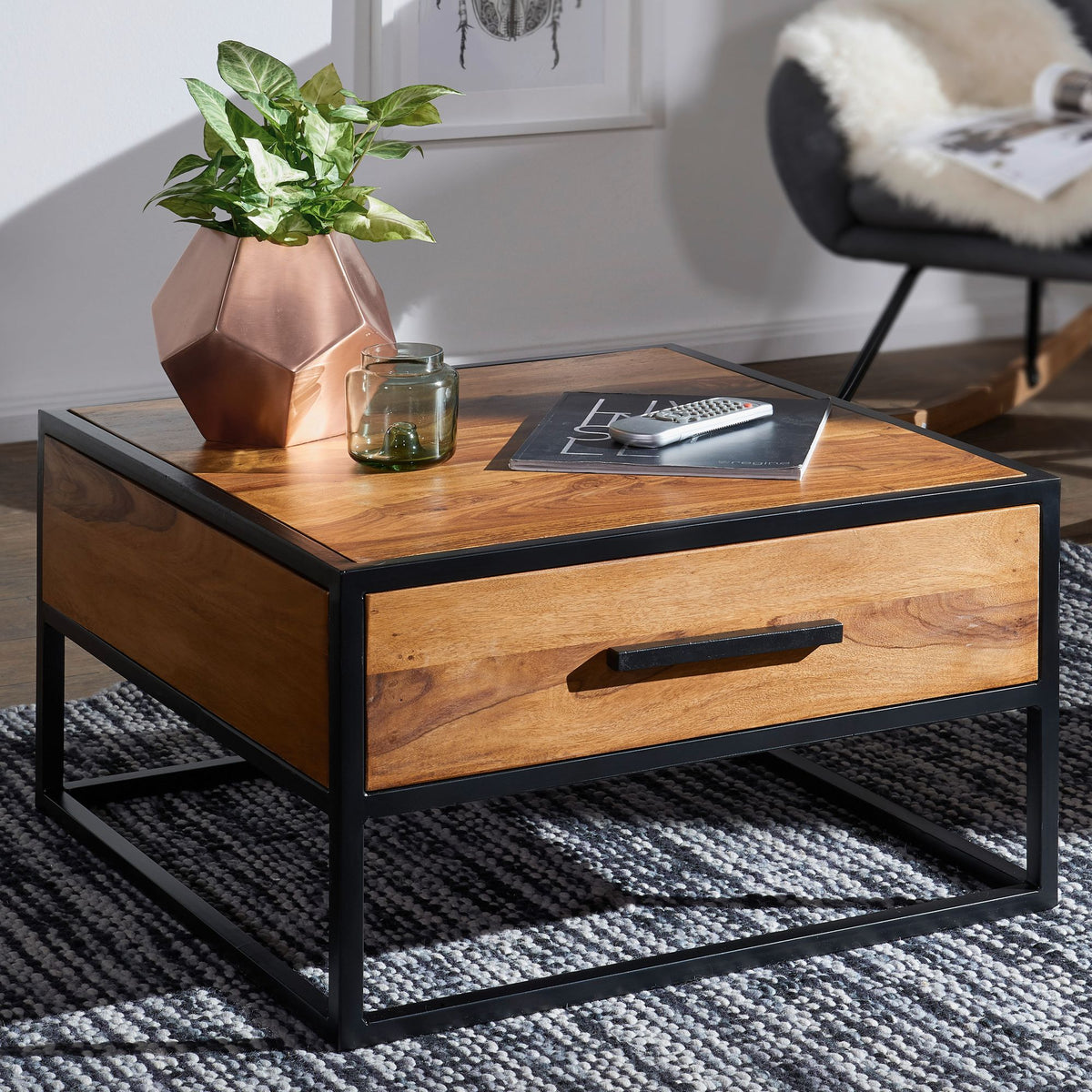 FineBuy Couchtisch FB51417 Massivholz / Metall Sofatisch 65x38x65cm, Design Wohnzimmertisch Sheesham, Stubentisch Industrial Braun, Designer Holztisch