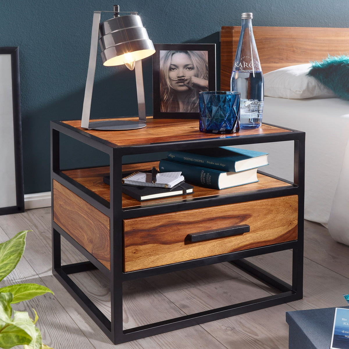FineBuy Nachtkonsole Sheesham Massivholz mit Schublade & Ablage – Nachttisch im Industrial Design - Nachtkästchen handgefertigt fürs Schlafzimmer 50x4