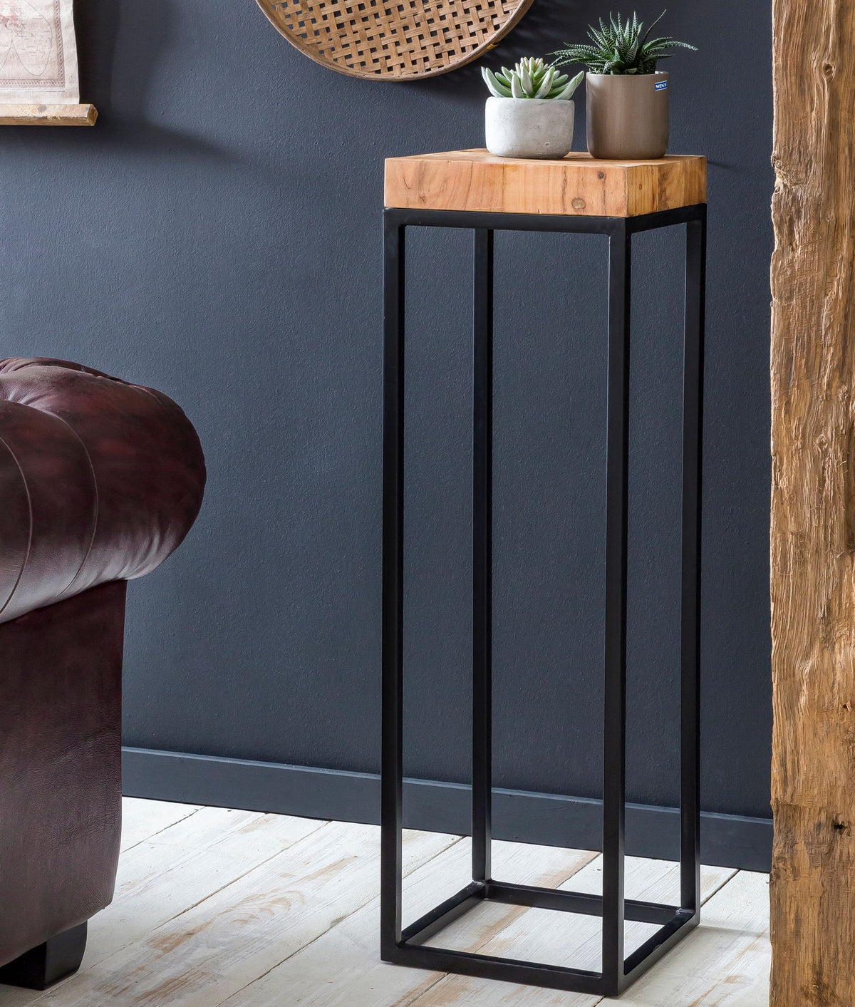 FineBuy Beistelltisch FB51448 Akazie Metall Anstelltisch 30 x 97 x 30 cm hoch, Industrial Style Tischchen Wohnzimmer, Holztisch mit Metallbeinen, Abst