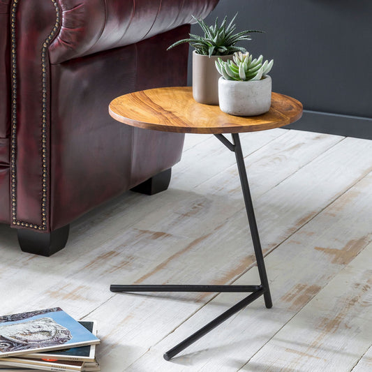 FineBuy Beistelltisch rund 40x46x40 cm Sheesham Metall Couchtisch Industrial Style Echtholz, Holztisch Sofatisch Metallbeine, Anstelltisch Dekotisch