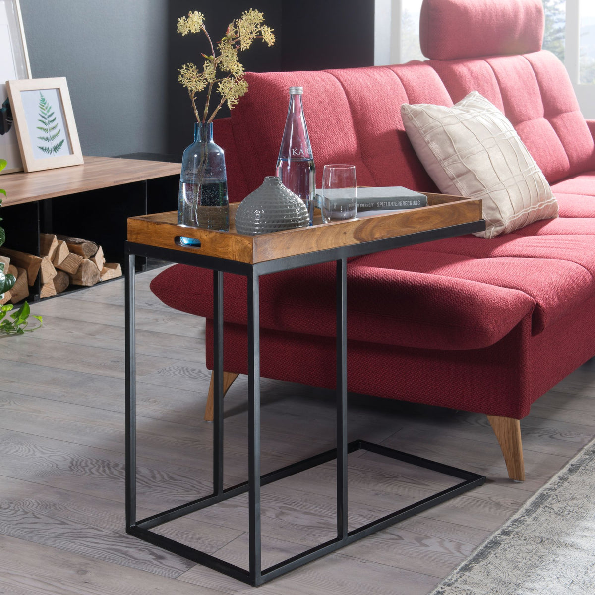 FineBuy Beistelltisch 69 x 65 x 34 cm Sheesham massiv Holz Metallgestell, Design TV-Tray Tabletttisch Wohnzimmer, Kleiner Serviertisch Naturholz, Abst